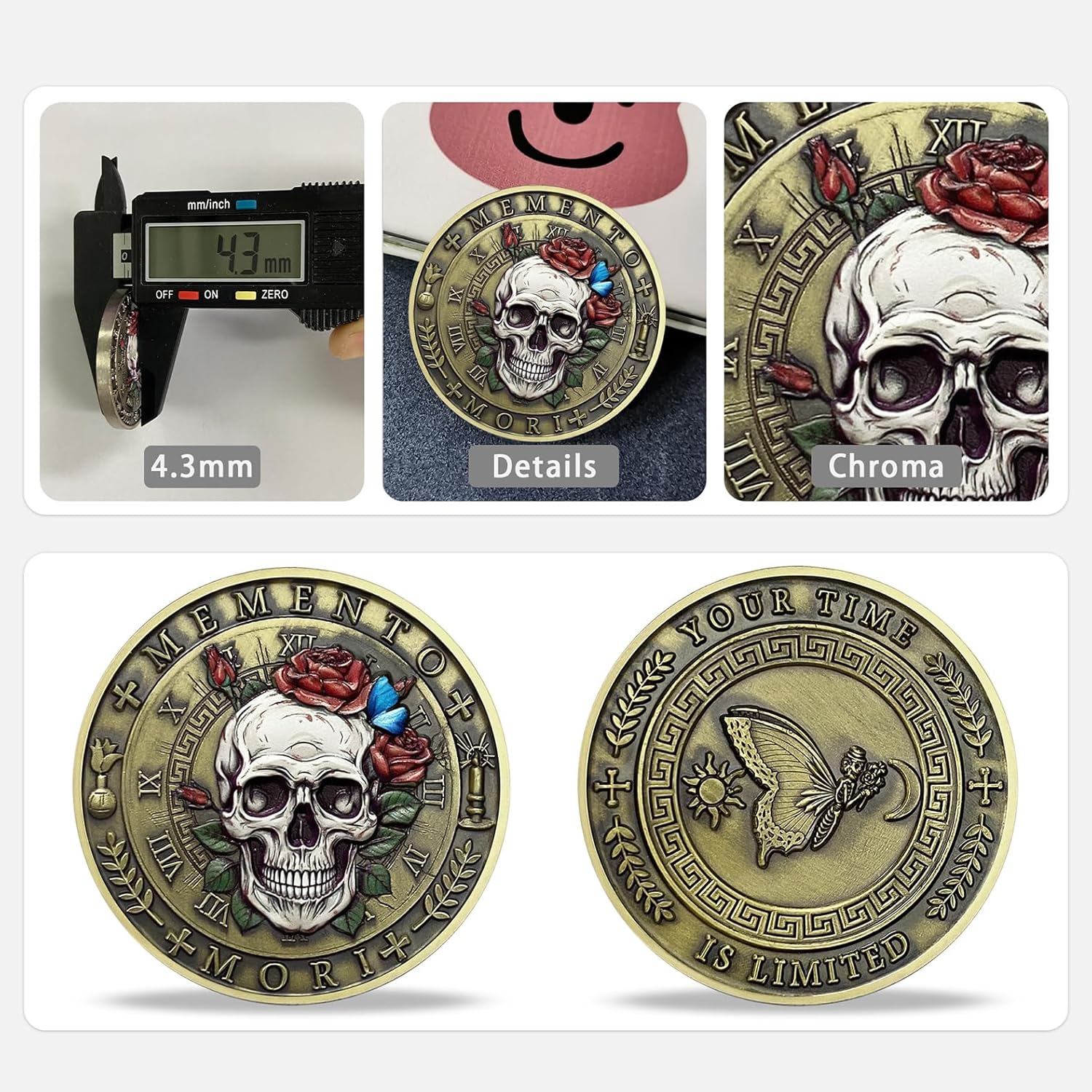AtSKnSK Memento Mori Coin Momento Mori Coin Skull Coin Stoic Gifts Memento Mori Calendar Living Memento Mori Amor Fati Coin (Moth Rose Skull)