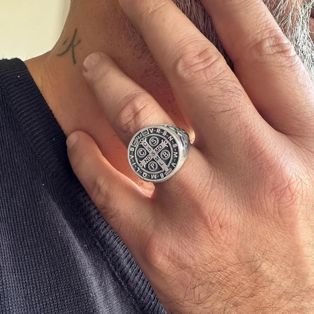 Saint Benedict Signet Ring, 0.029-0.030 lbs, 0,78 Inch, Religious Custom Men Jewelry, 925K Sterling Silver Ring, St Benedict Cross Exorcism Ring, Catholic Handmade Gift