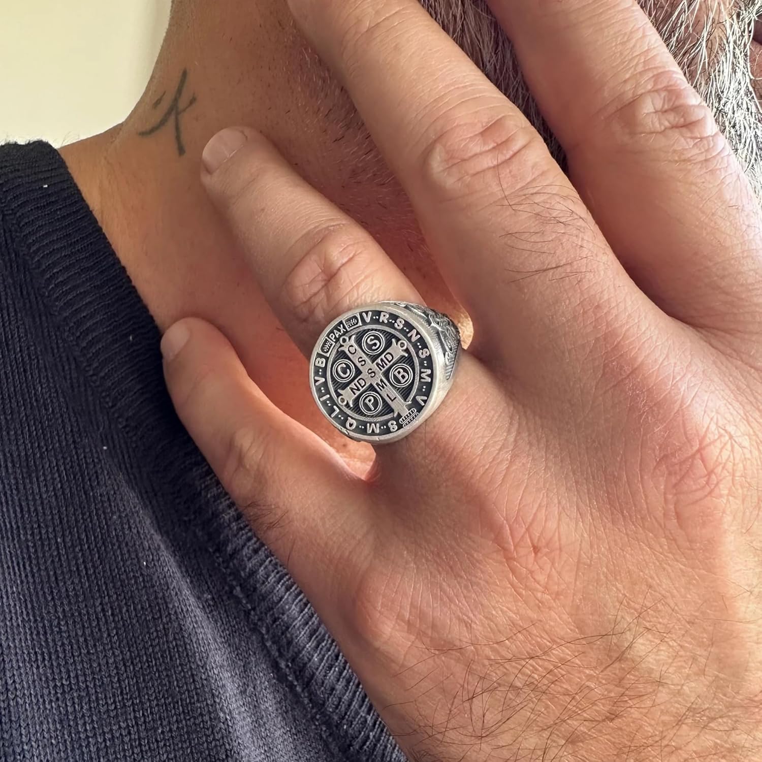 Saint Benedict Signet Ring, 0.029-0.030 lbs, 0,78 Inch, Religious Custom Men Jewelry, 925K Sterling Silver Ring, St Benedict Cross Exorcism Ring, Catholic Handmade Gift