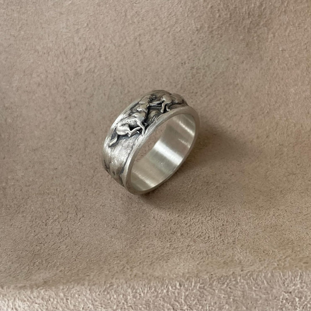 Wolf Ring, Running Wolves Wedding Silver Band Ring, 925K Streling Ring, 0.017-0.022, 0.31 Inch, Animal Jewelry, Gift For Boyfriend, Promise Ring