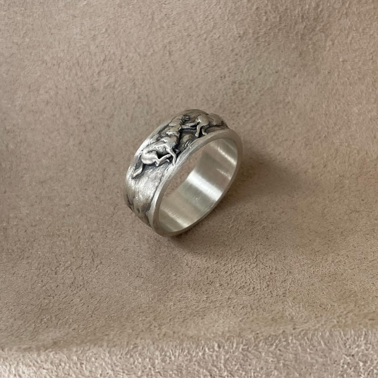 Wolf Ring, Running Wolves Wedding Silver Band Ring, 925K Streling Ring, 0.017-0.022, 0.31 Inch, Animal Jewelry, Gift For Boyfriend, Promise Ring