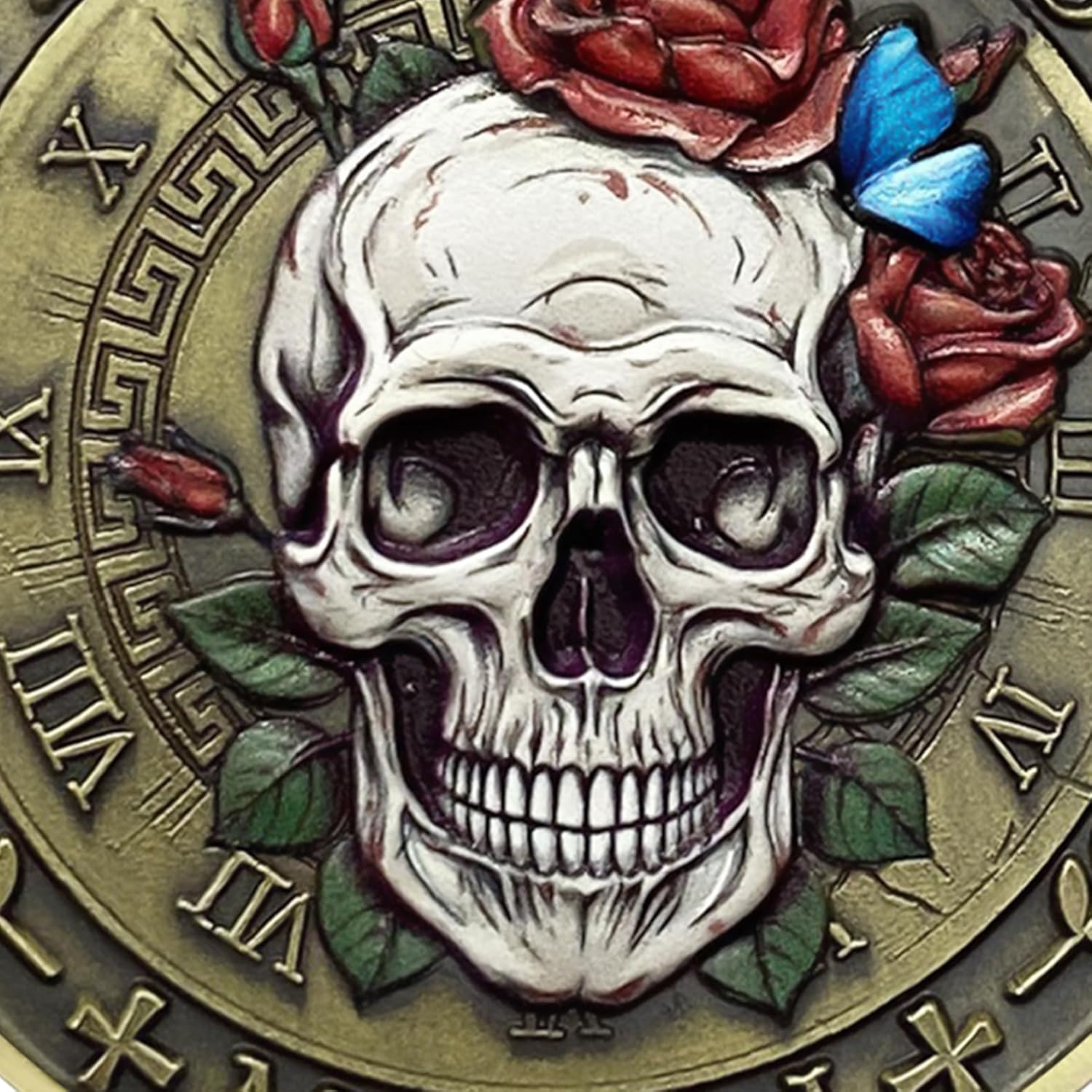 AtSKnSK Memento Mori Coin Momento Mori Coin Skull Coin Stoic Gifts Memento Mori Calendar Living Memento Mori Amor Fati Coin (Moth Rose Skull)