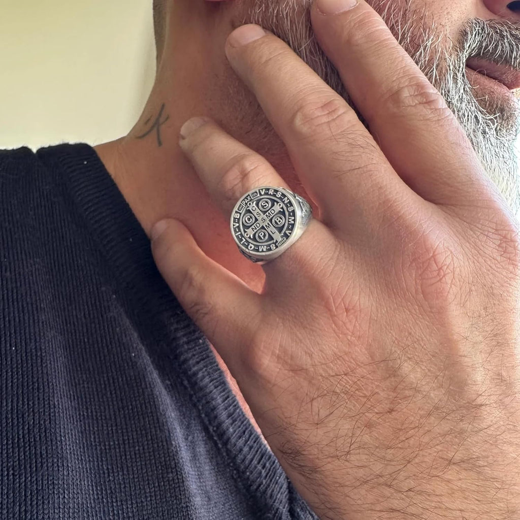 Saint Benedict Signet Ring, 0.029-0.030 lbs, 0,78 Inch, Religious Custom Men Jewelry, 925K Sterling Silver Ring, St Benedict Cross Exorcism Ring, Catholic Handmade Gift
