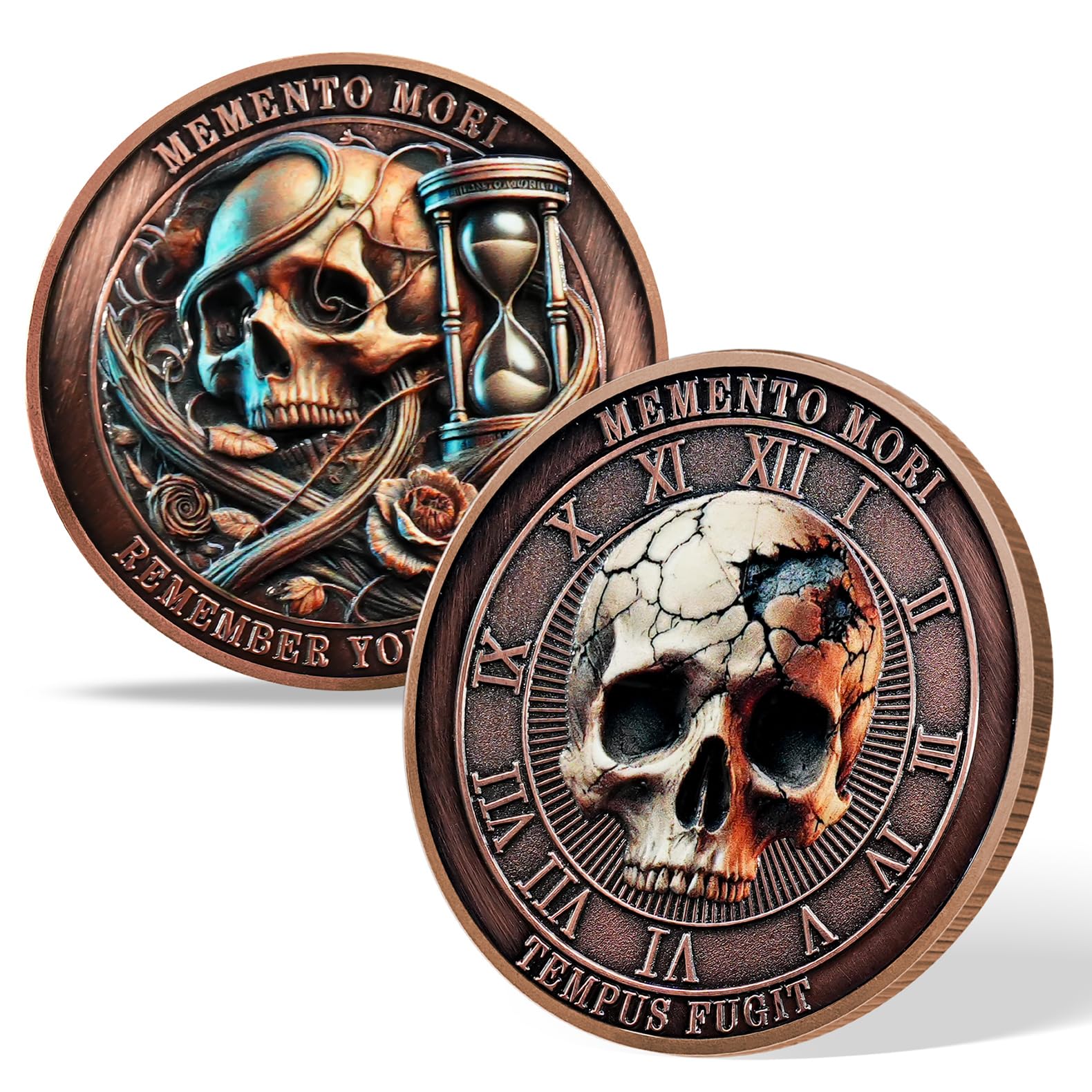 AtSKnSK Memento Mori Coin Momento Mori Coin Skull Coin Stoic Gifts Memento Mori Calendar Living Memento Mori Amor Fati Coin (Moth Rose Skull)