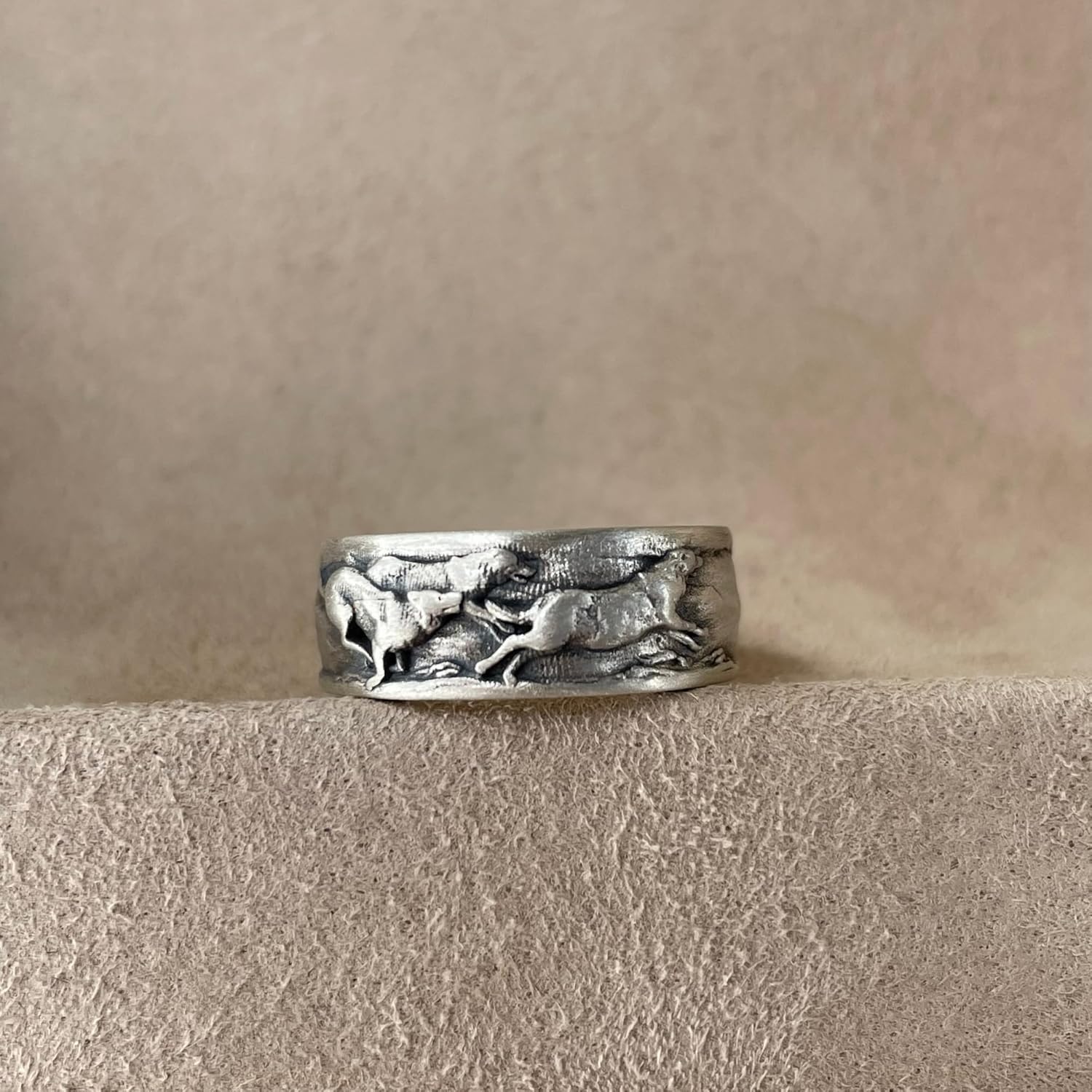 Wolf Ring, Running Wolves Wedding Silver Band Ring, 925K Streling Ring, 0.017-0.022, 0.31 Inch, Animal Jewelry, Gift For Boyfriend, Promise Ring