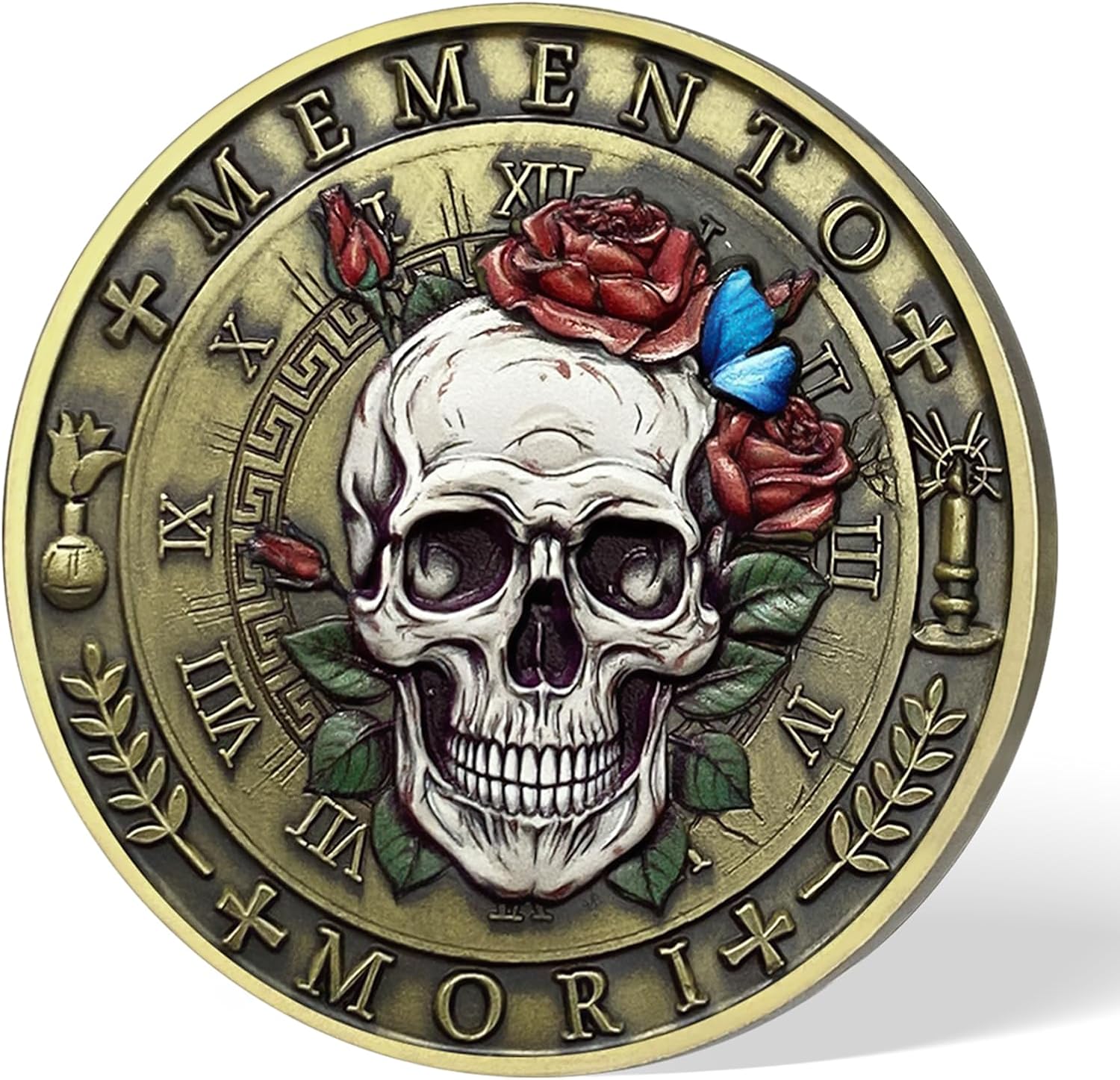 AtSKnSK Memento Mori Coin Momento Mori Coin Skull Coin Stoic Gifts Memento Mori Calendar Living Memento Mori Amor Fati Coin (Moth Rose Skull)