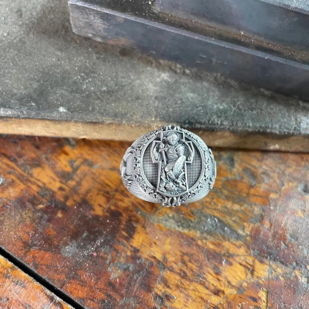 Archangel Michael in Cross Ring, Christian Jewelry, 0.029-0.030 lbs, 0,66 x 0,78 Inch, Mens 925 Sterling Ring, Archangel Saint Michael Warrior Ring, Personalized Gifts For Dad