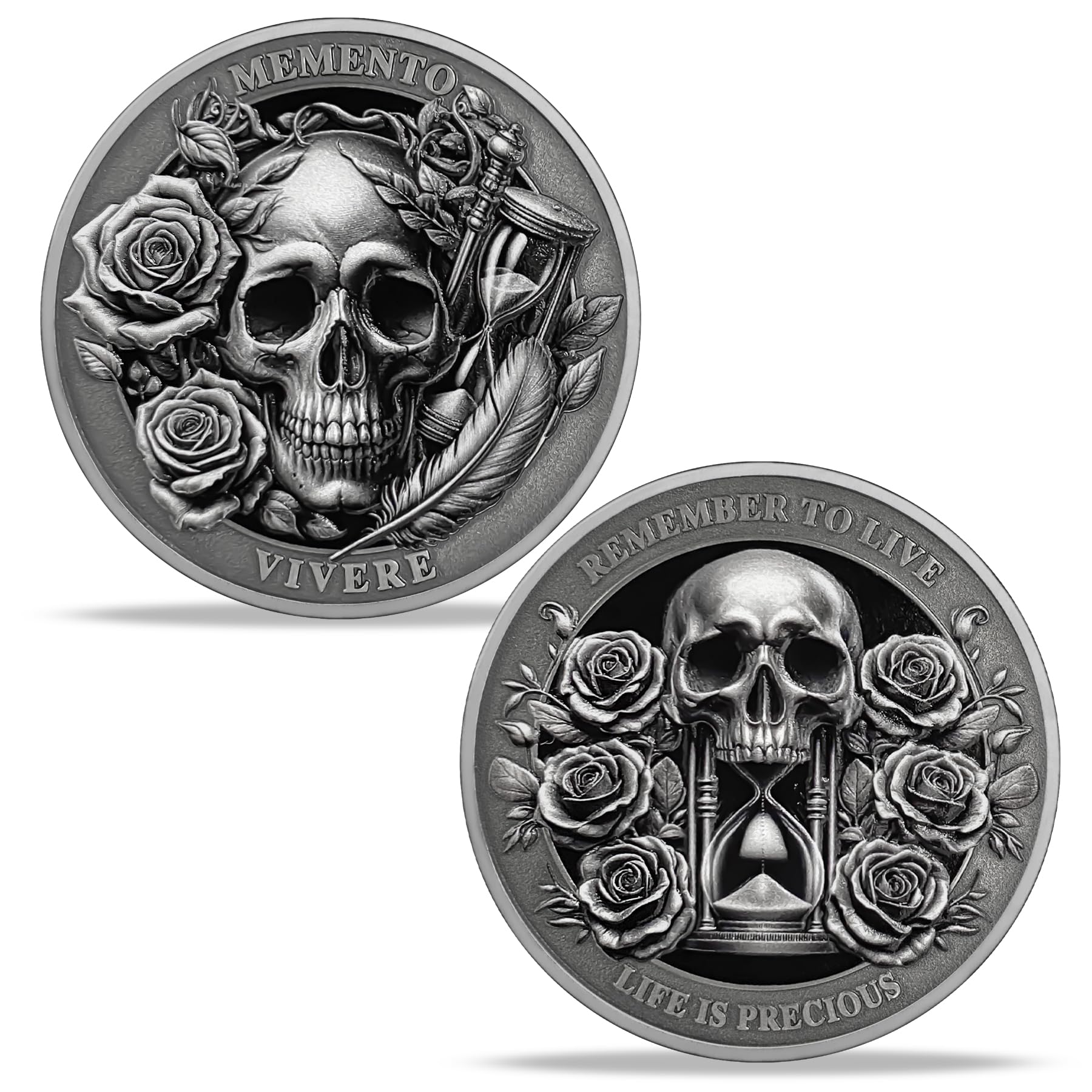AtSKnSK Memento Mori Coin Momento Mori Coin Skull Coin Stoic Gifts Memento Mori Calendar Living Memento Mori Amor Fati Coin (Moth Rose Skull)