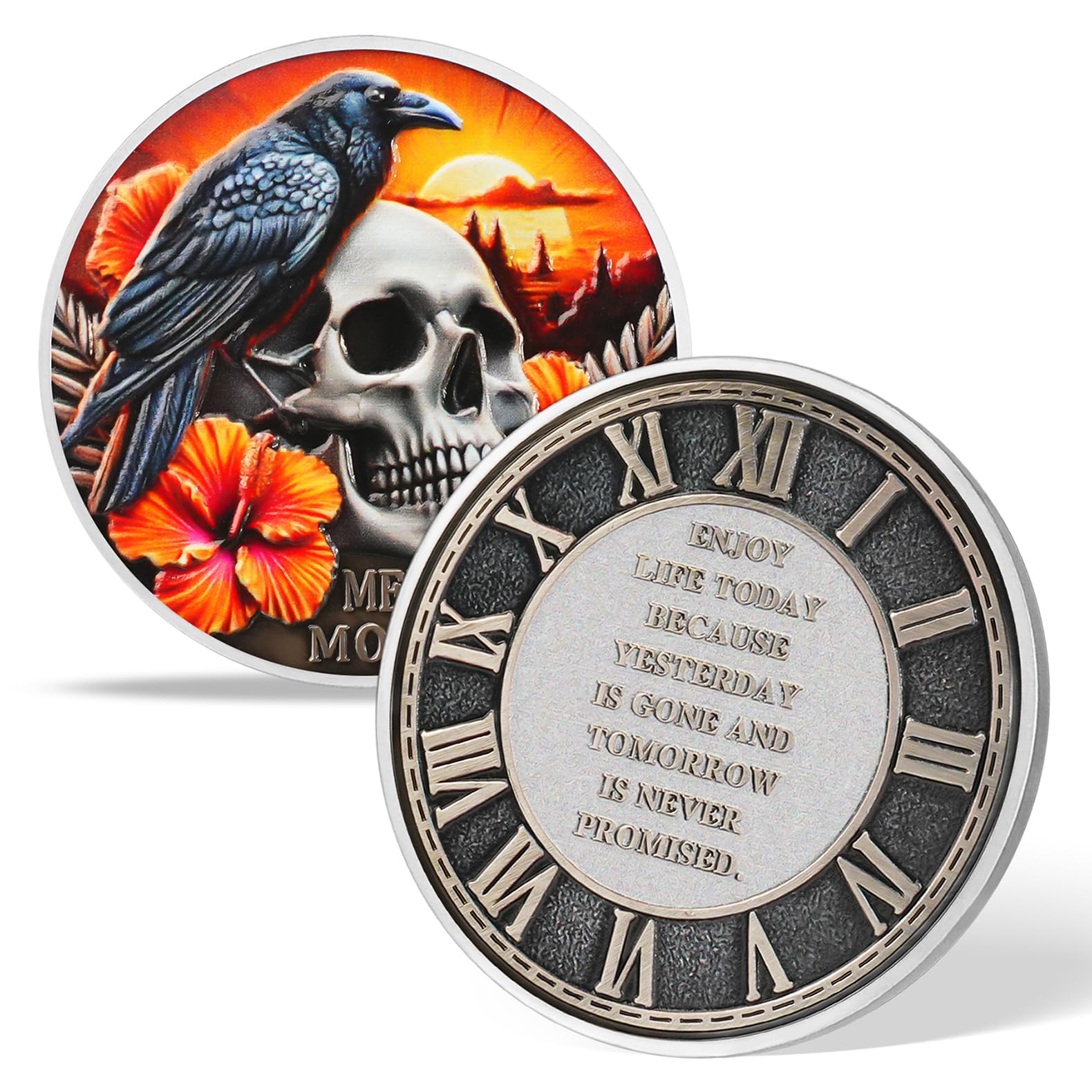 AtSKnSK Memento Mori Coin Momento Mori Coin Skull Coin Stoic Gifts Memento Mori Calendar Living Memento Mori Amor Fati Coin (Moth Rose Skull)