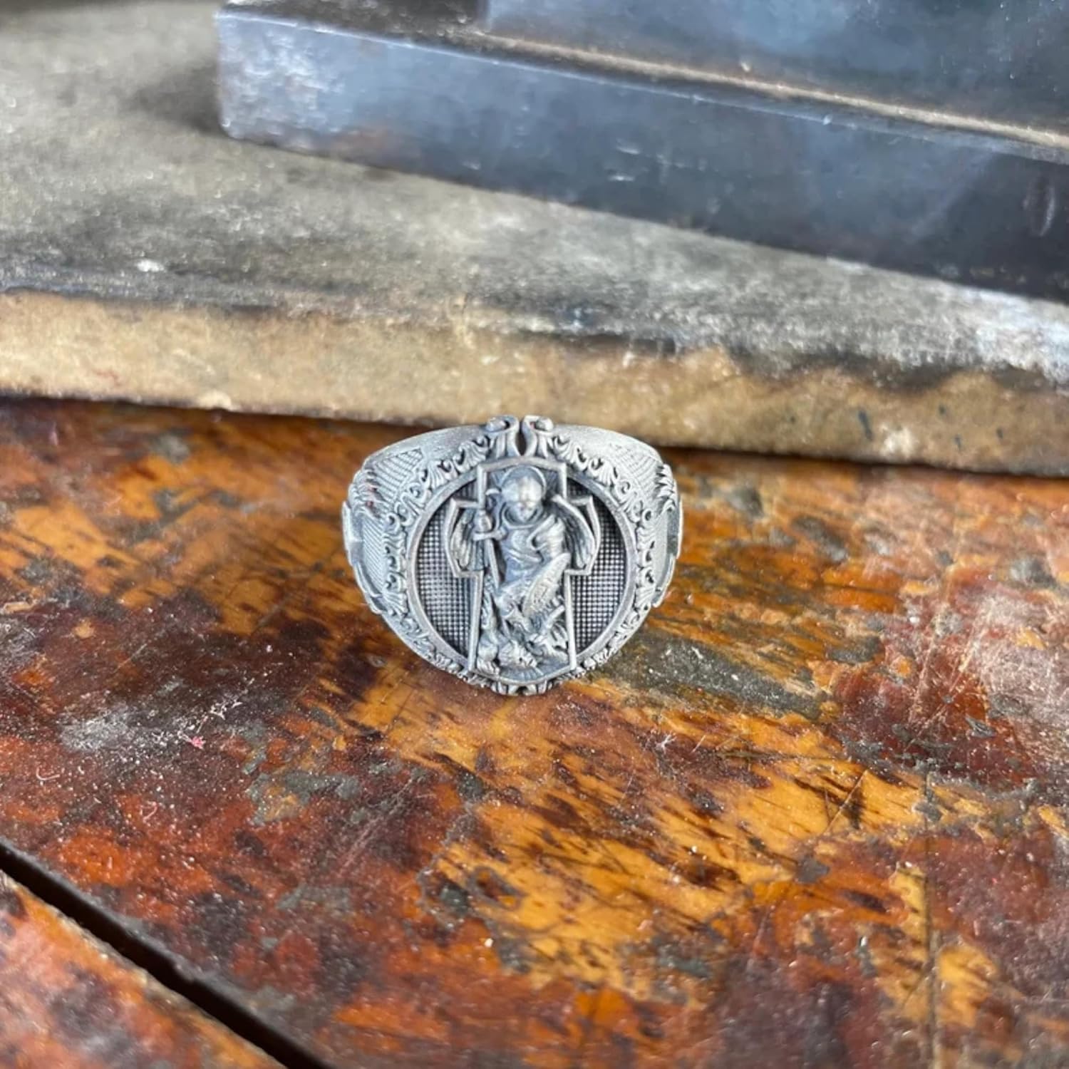 Archangel Michael in Cross Ring, Christian Jewelry, 0.029-0.030 lbs, 0,66 x 0,78 Inch, Mens 925 Sterling Ring, Archangel Saint Michael Warrior Ring, Personalized Gifts For Dad
