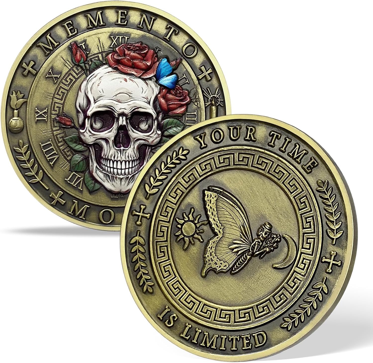 AtSKnSK Memento Mori Coin Momento Mori Coin Skull Coin Stoic Gifts Memento Mori Calendar Living Memento Mori Amor Fati Coin (Moth Rose Skull)