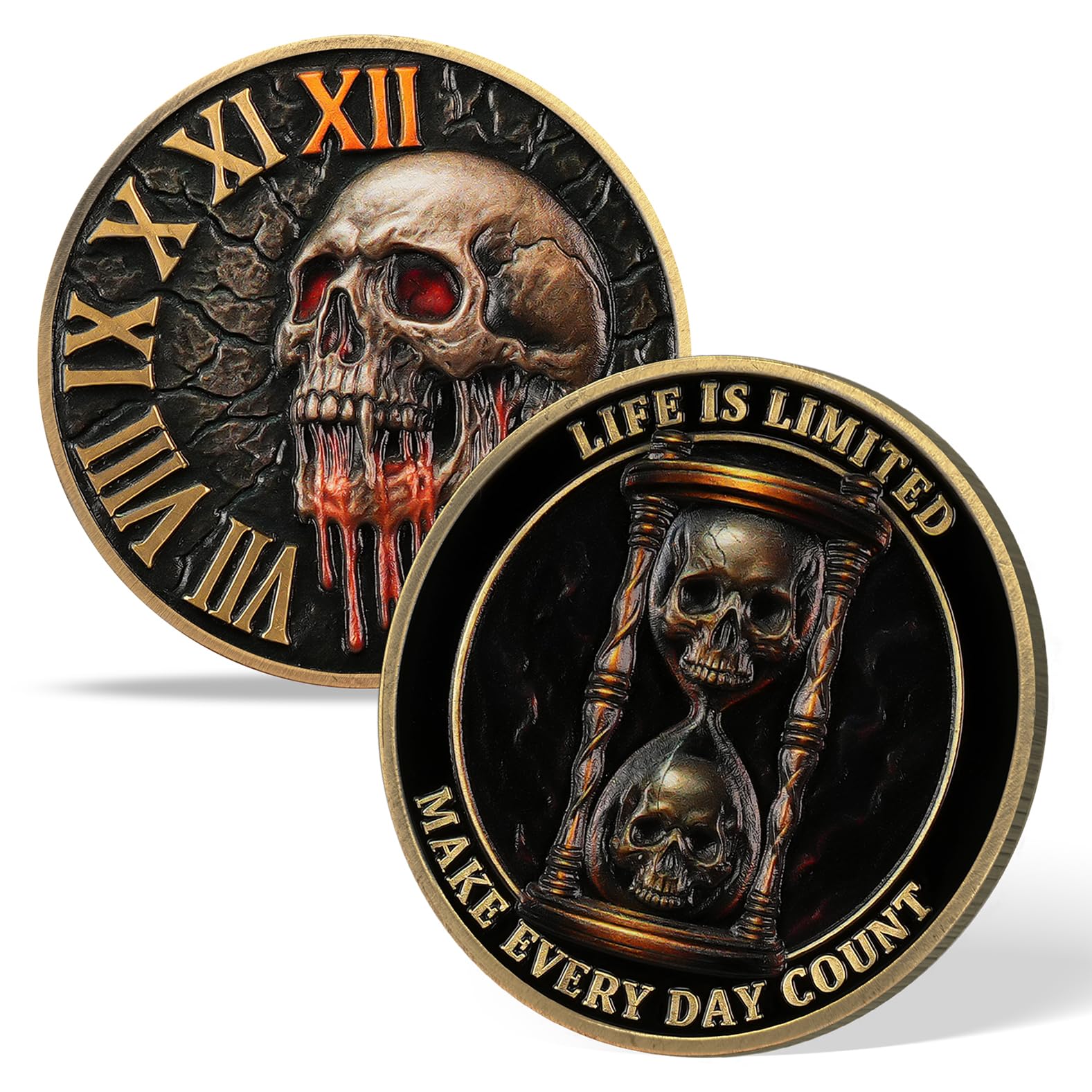 AtSKnSK Memento Mori Coin Momento Mori Coin Skull Coin Stoic Gifts Memento Mori Calendar Living Memento Mori Amor Fati Coin (Moth Rose Skull)