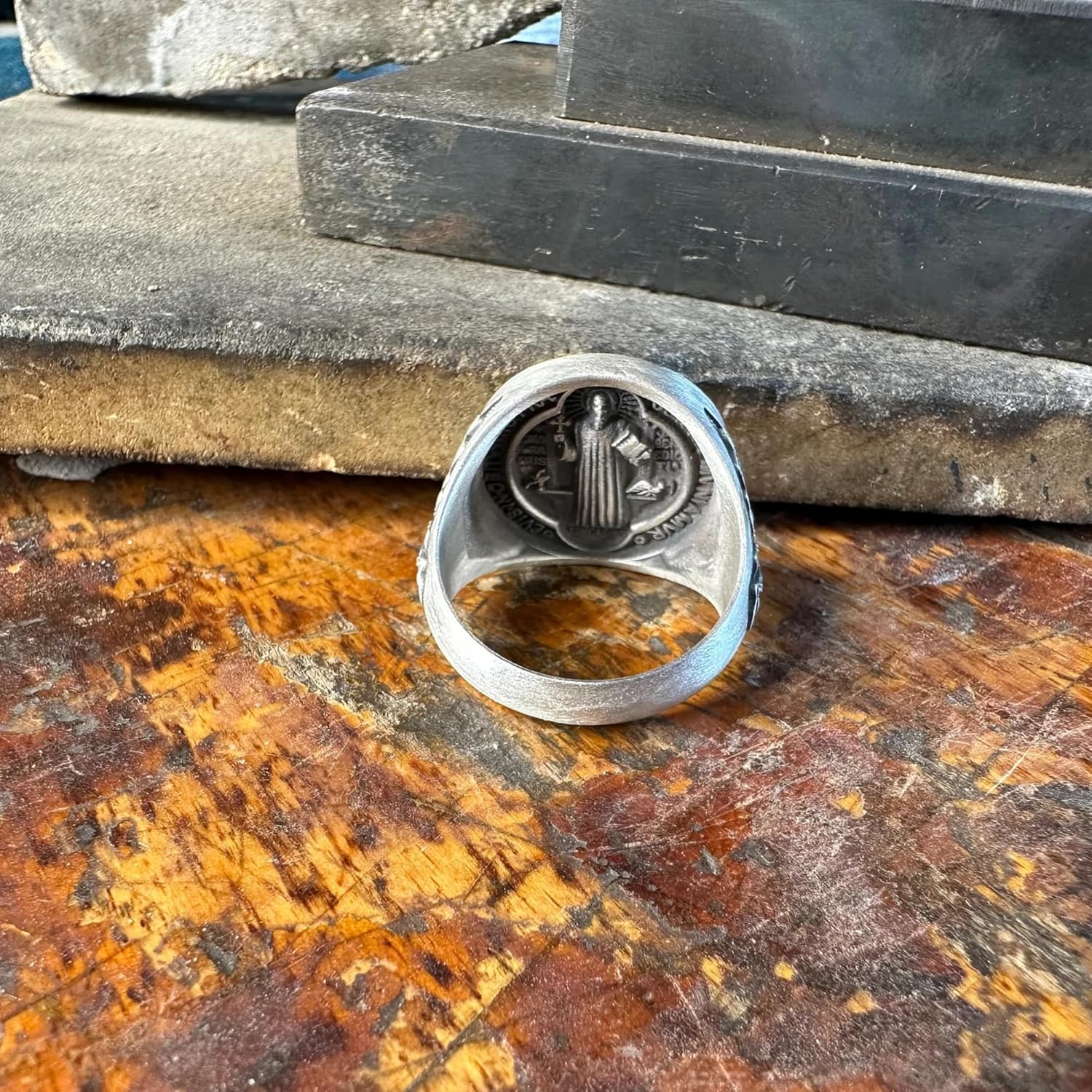 Saint Benedict Signet Ring, 0.029-0.030 lbs, 0,78 Inch, Religious Custom Men Jewelry, 925K Sterling Silver Ring, St Benedict Cross Exorcism Ring, Catholic Handmade Gift