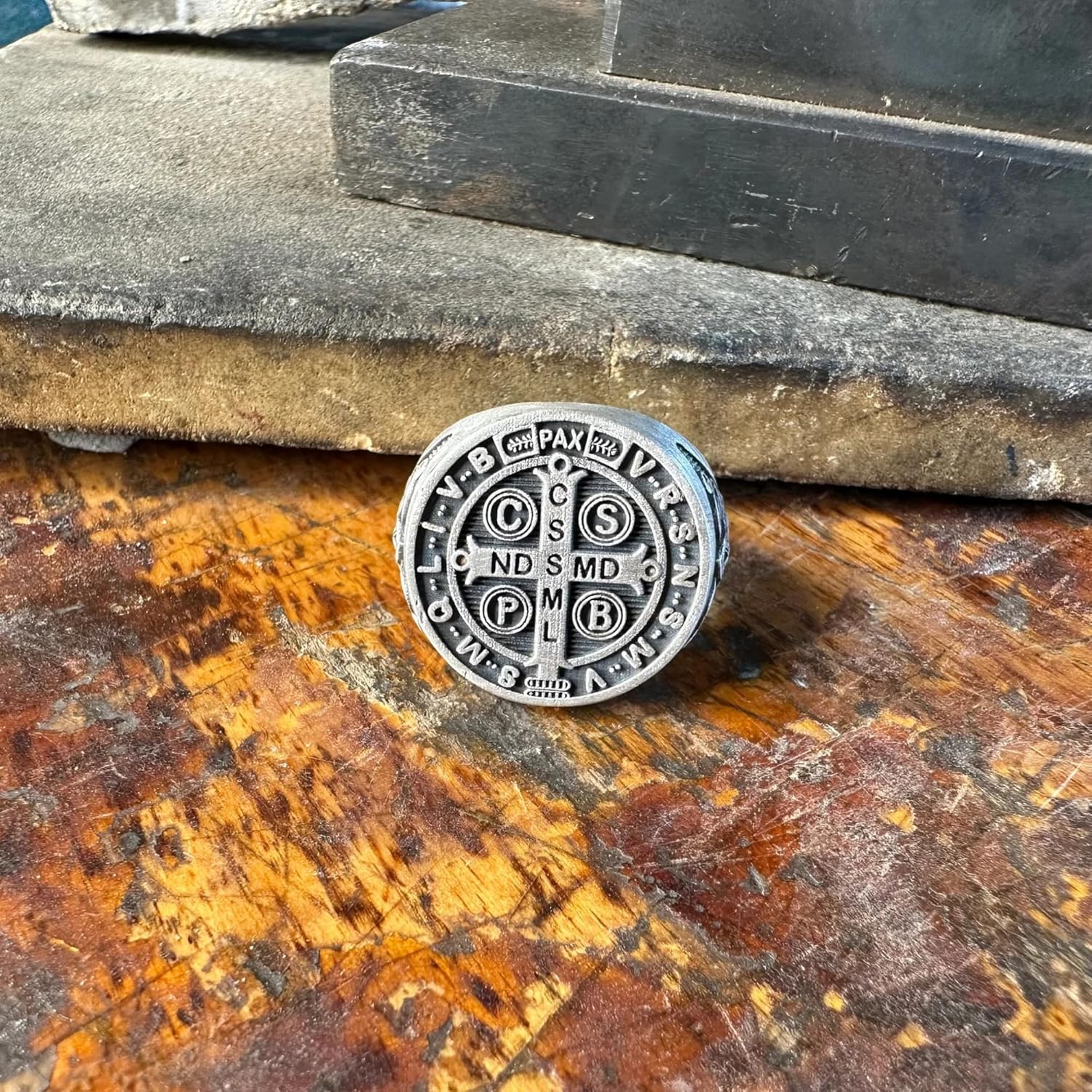 Saint Benedict Signet Ring, 0.029-0.030 lbs, 0,78 Inch, Religious Custom Men Jewelry, 925K Sterling Silver Ring, St Benedict Cross Exorcism Ring, Catholic Handmade Gift