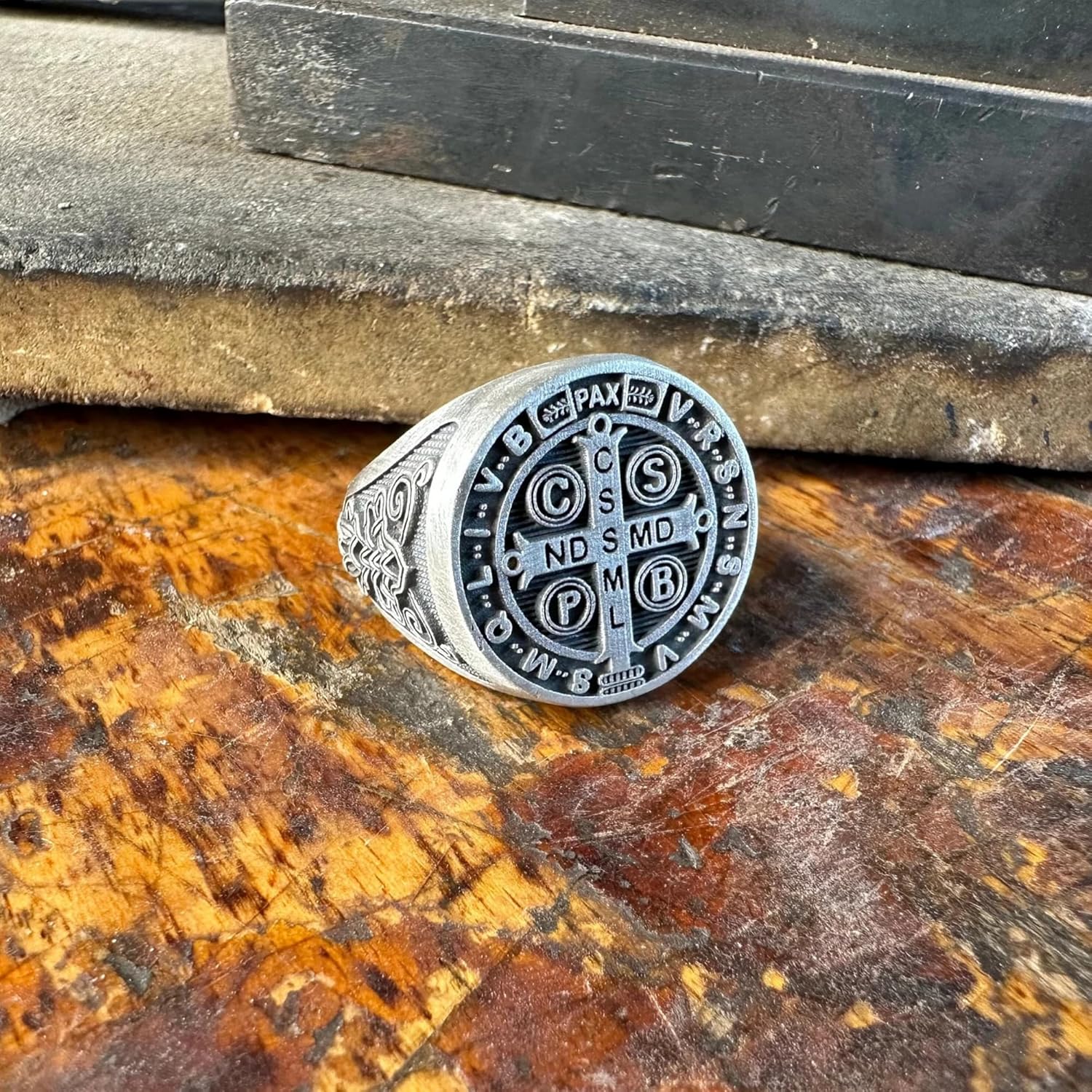 Saint Benedict Signet Ring, 0.029-0.030 lbs, 0,78 Inch, Religious Custom Men Jewelry, 925K Sterling Silver Ring, St Benedict Cross Exorcism Ring, Catholic Handmade Gift