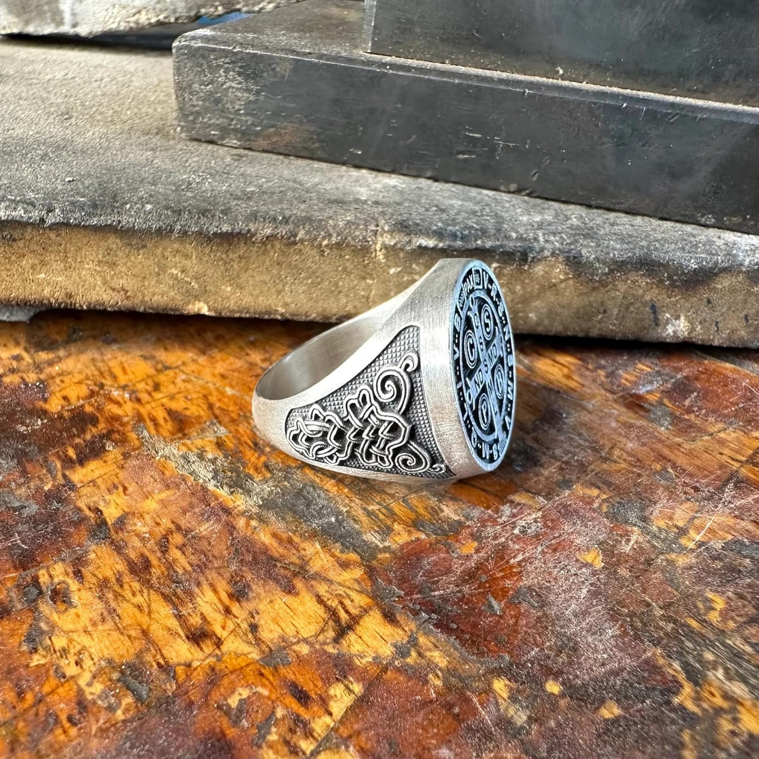 Saint Benedict Signet Ring, 0.029-0.030 lbs, 0,78 Inch, Religious Custom Men Jewelry, 925K Sterling Silver Ring, St Benedict Cross Exorcism Ring, Catholic Handmade Gift