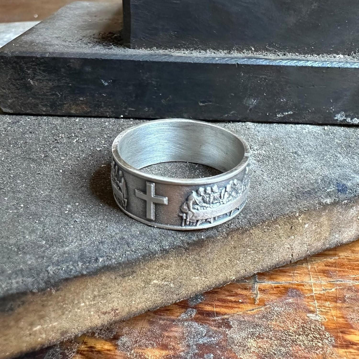 Last Supper Silver Band Ring, Handmade Sterling Mens Womens Band Ring, Mens 925K Ring with Cross, 0,013-0,017 Lbs, Custom Christian Jewelry, Catholic Gift