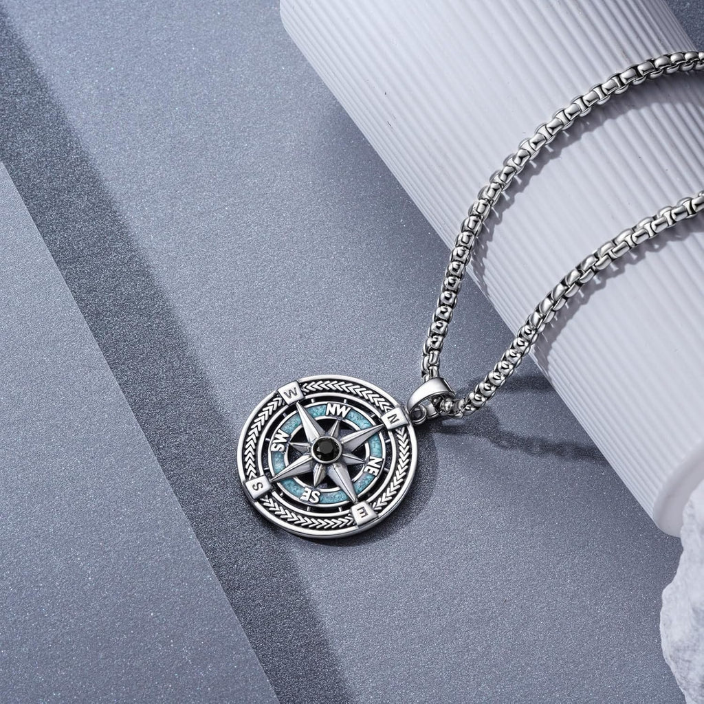 925 Sterling Silver Compass Necklace for Men - Graduation Gifts for Him with Turquoise - Compass Pendant for Graduation Mens Travel Jewelry