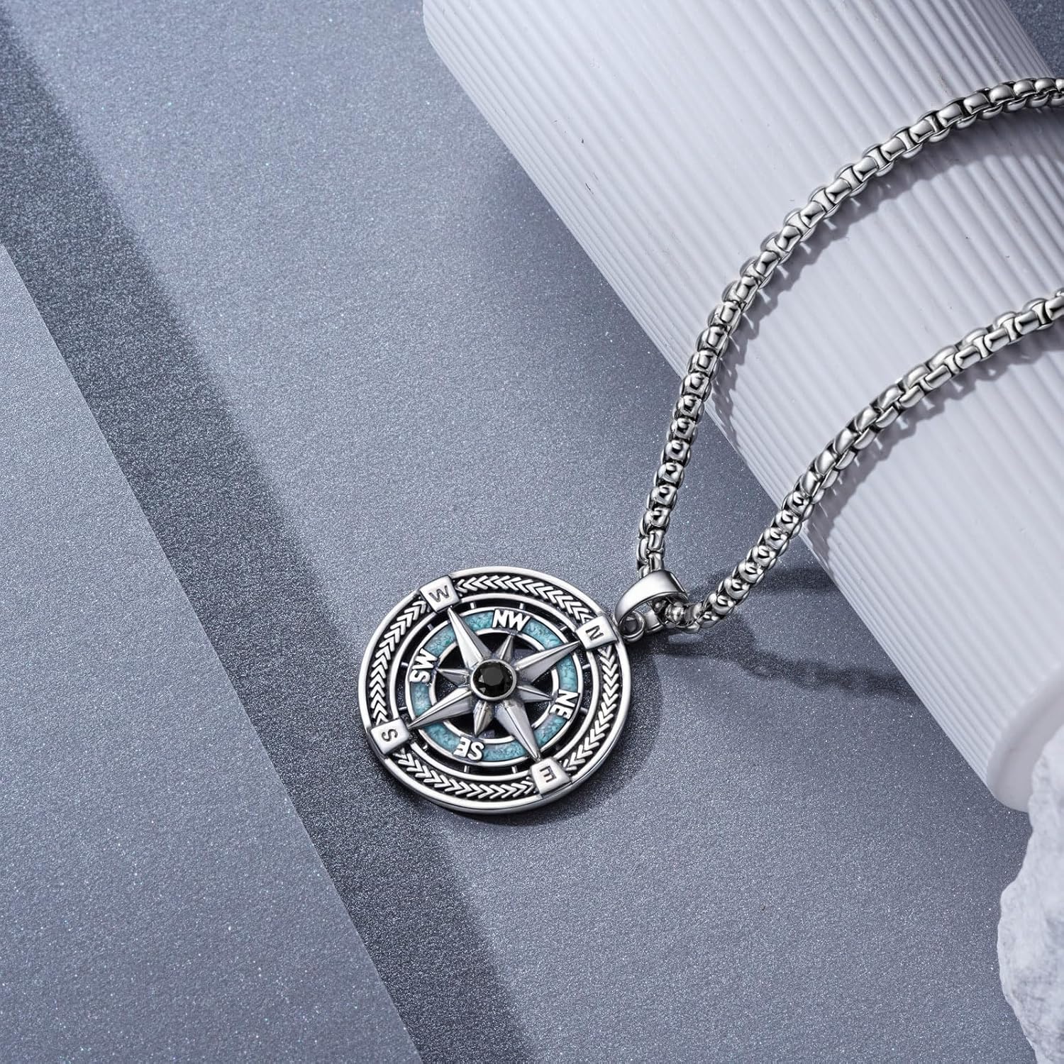 925 Sterling Silver Compass Necklace for Men - Graduation Gifts for Him with Turquoise - Compass Pendant for Graduation Mens Travel Jewelry